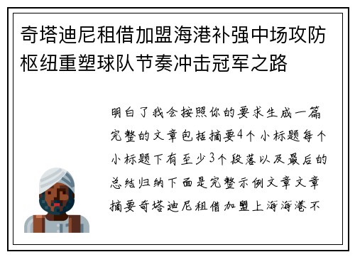 奇塔迪尼租借加盟海港补强中场攻防枢纽重塑球队节奏冲击冠军之路