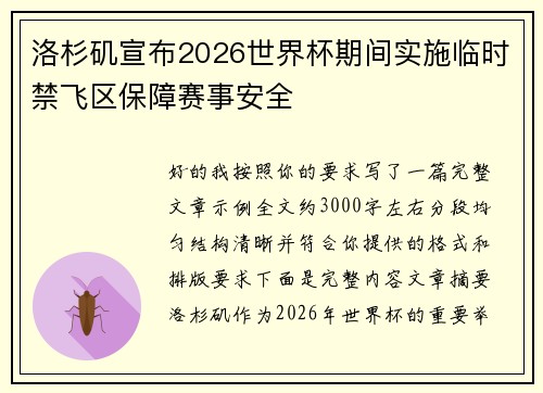 洛杉矶宣布2026世界杯期间实施临时禁飞区保障赛事安全 洛杉矶宣布2026世界杯期间实施临时禁飞区保障赛事安全